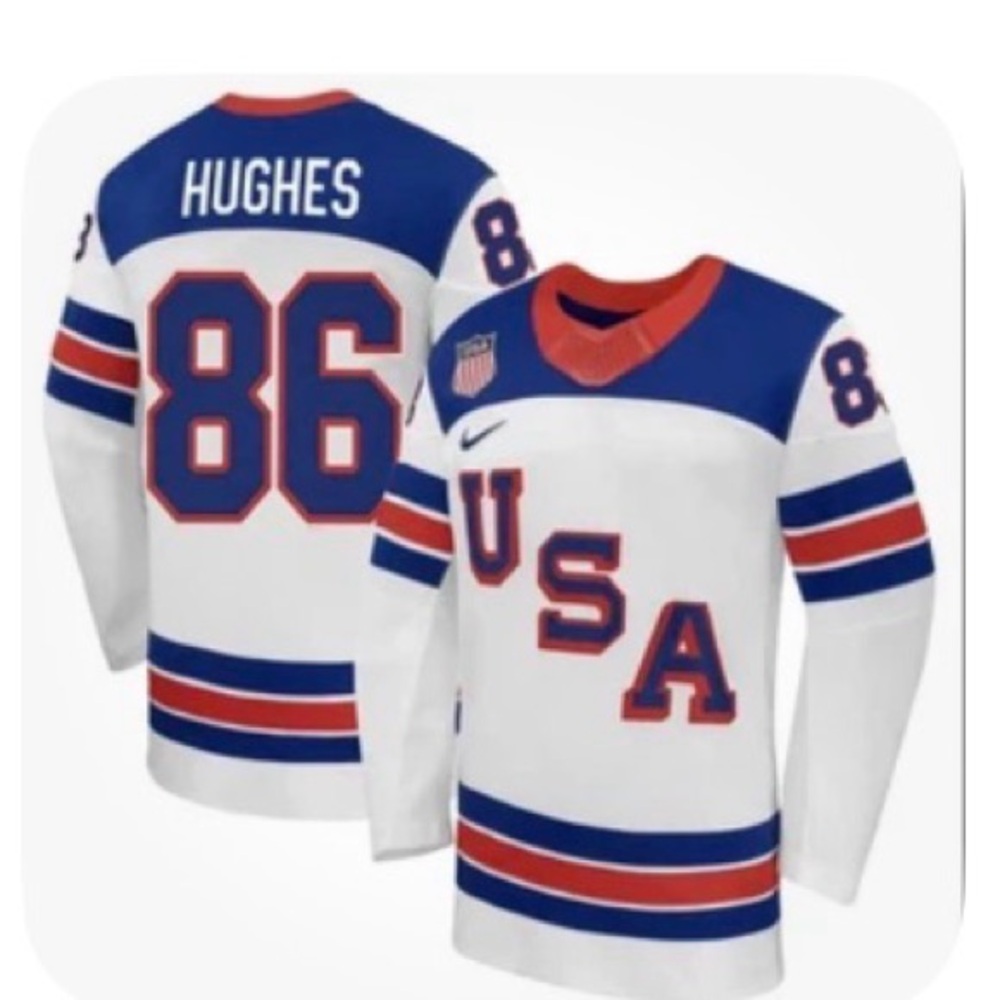 Nike USA White Blue Red Hockey Jersey - Hughes 86 STITCHED